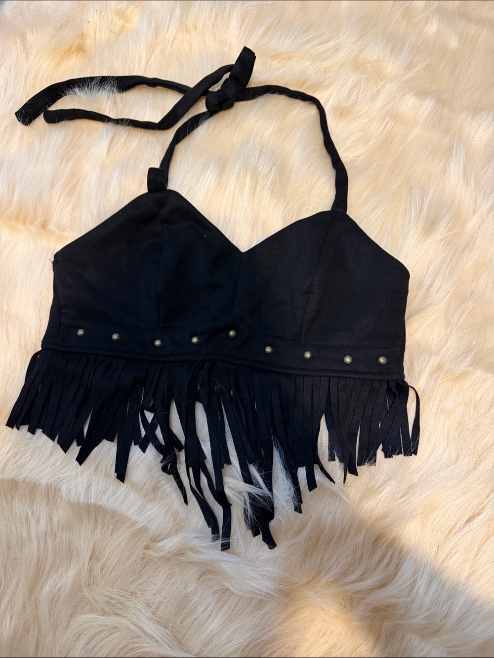 SHEIN Black Fringe Halter Bralette with Stud Details size M